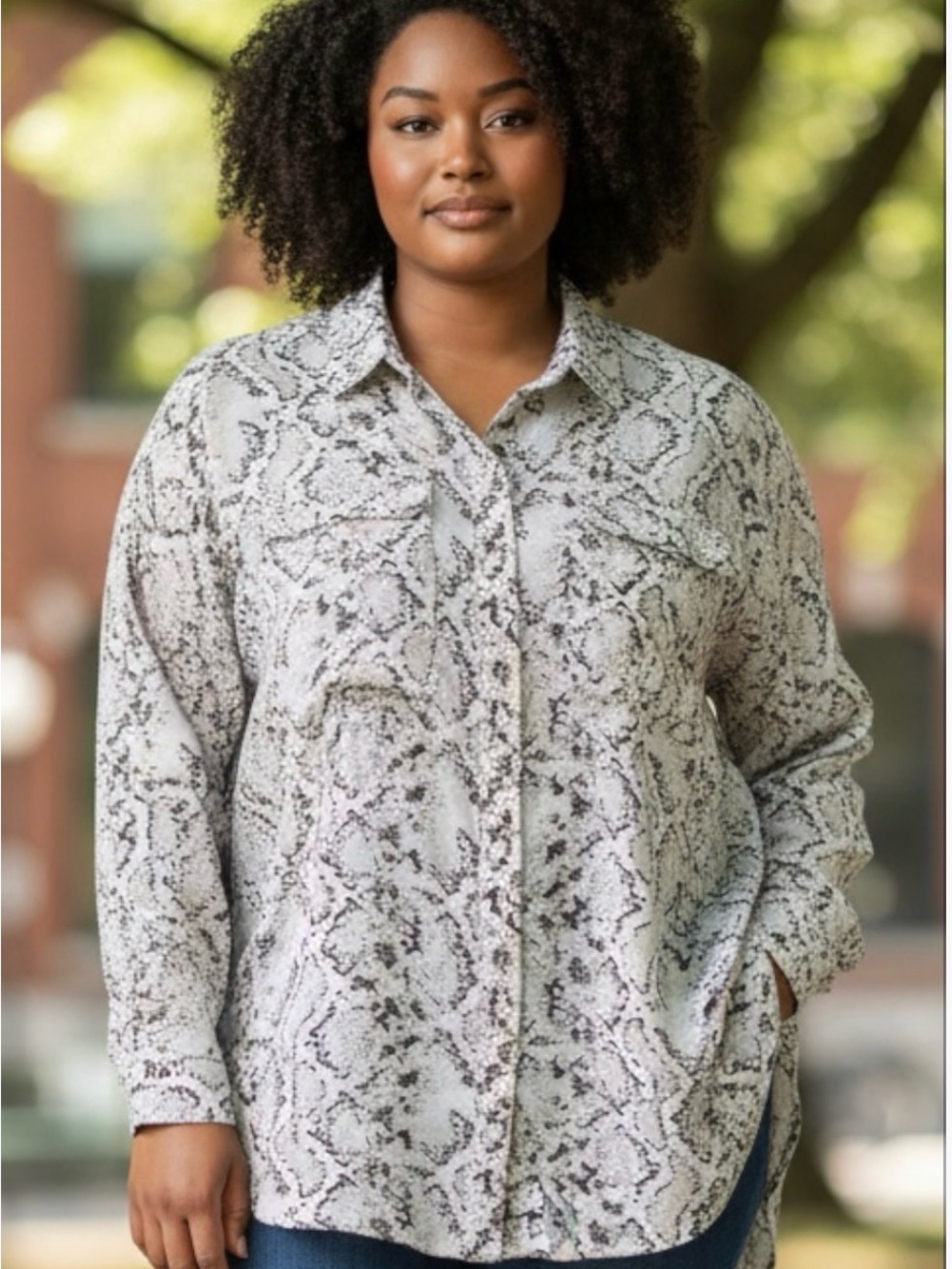 Plus-Size Snake Print Button-Front Shirt Jacket - Cream/Black